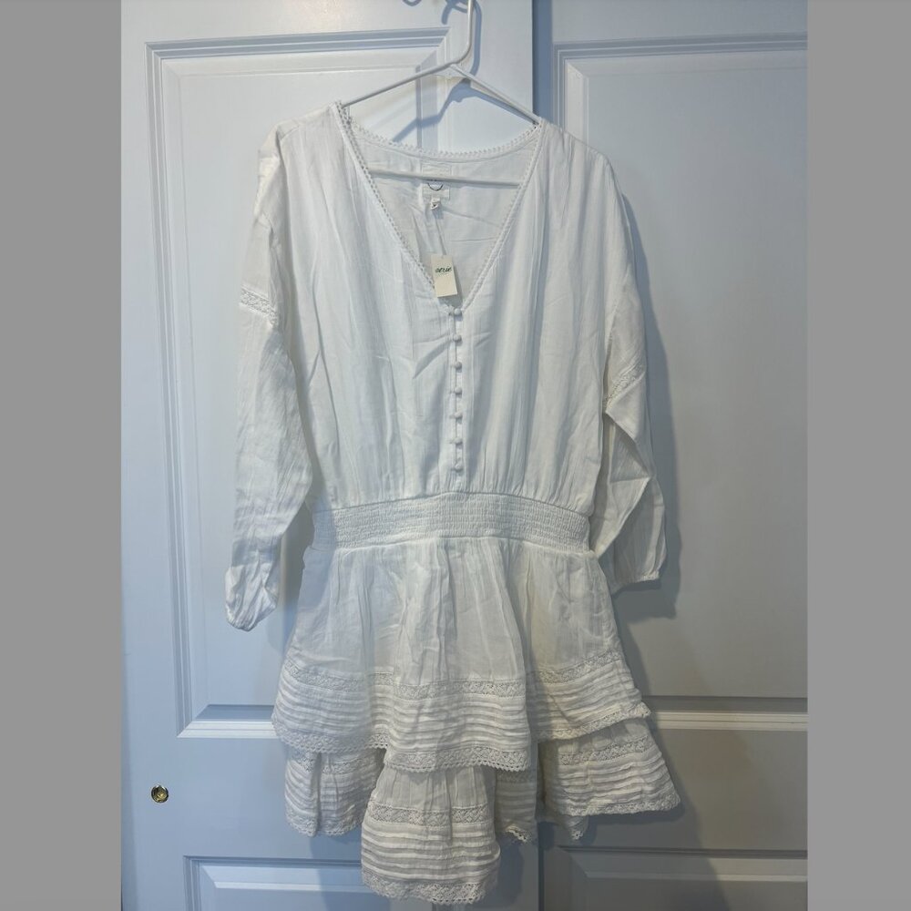 White cotton sundress, 3/4 sleeves with lace detail and cinched waist, NWT